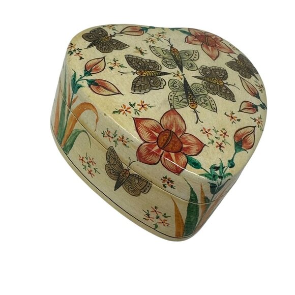 Vintage Handmade Fetco Kashmir Heart Shaped Lacquered Trinket Box Botanical - Picture 5 of 10